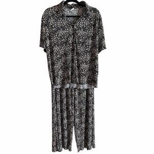 Joie black brown pleated button front top pull on pants outfit lettuce hem large